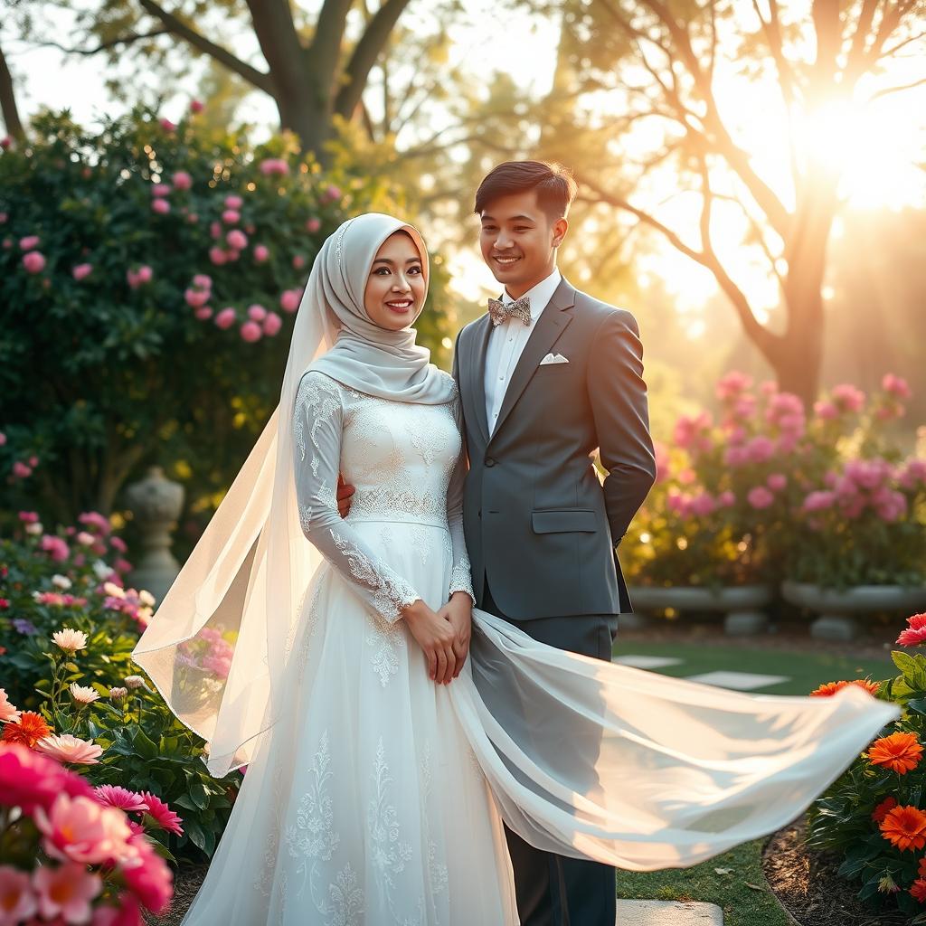 A beautiful bride wearing a flowing white dress and a hijab, standing beside her groom in a picturesque and enchanting outdoor setting