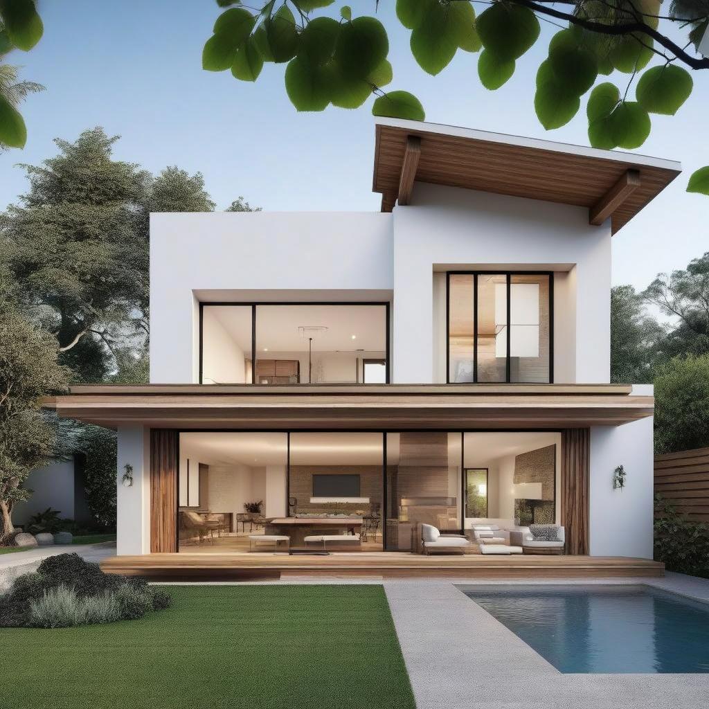 A modern, minimalist house featuring large glass windows and a wooden deck, surrounded by lush greenery