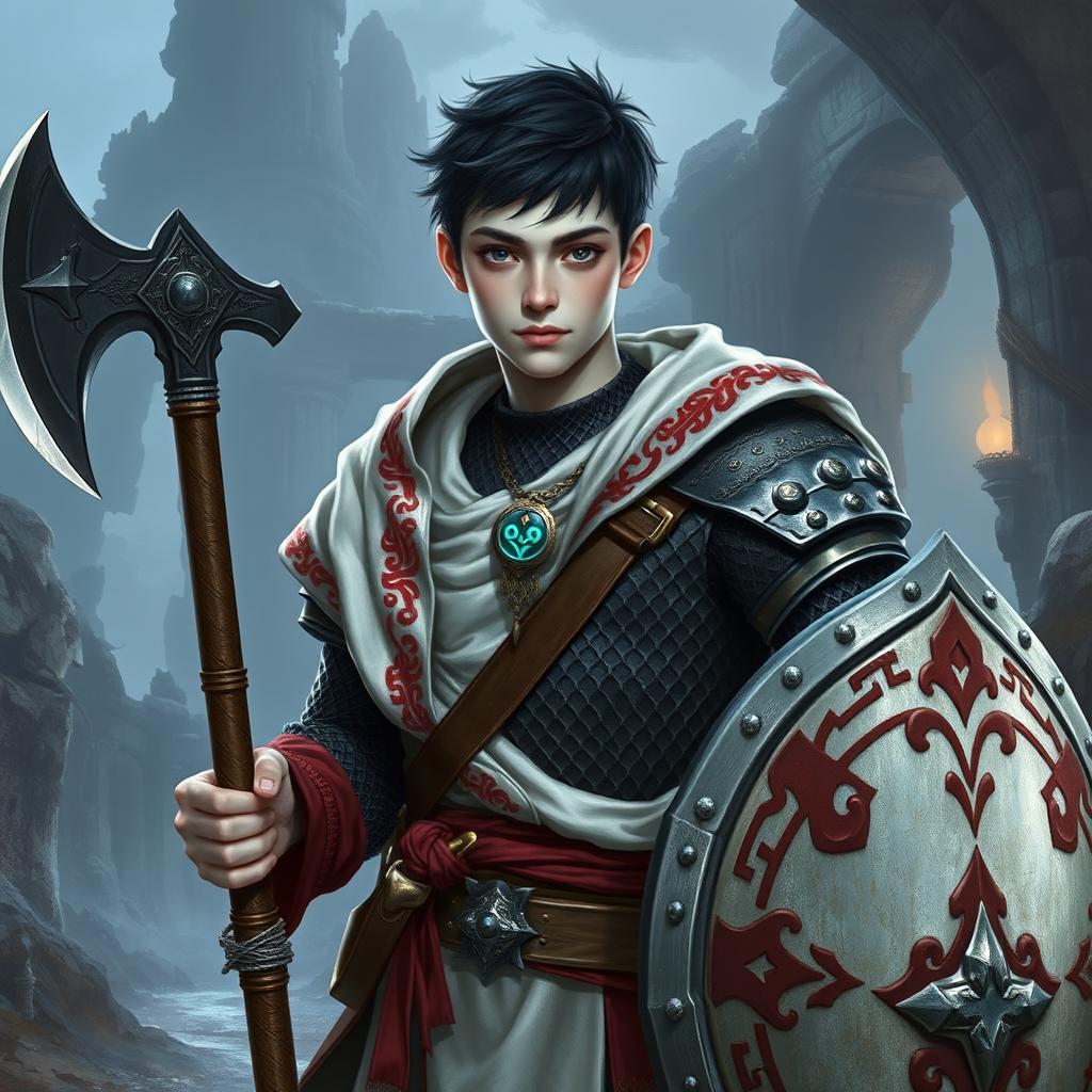 A young 20-year-old human paladin with white skin, black hair, and black eyes