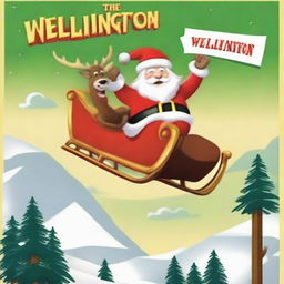 Santa Claus in his sleigh flying over a sign that distinctly reads 'Wellington', modeled after the Hollywood sign, with a large Santa hat on its top.