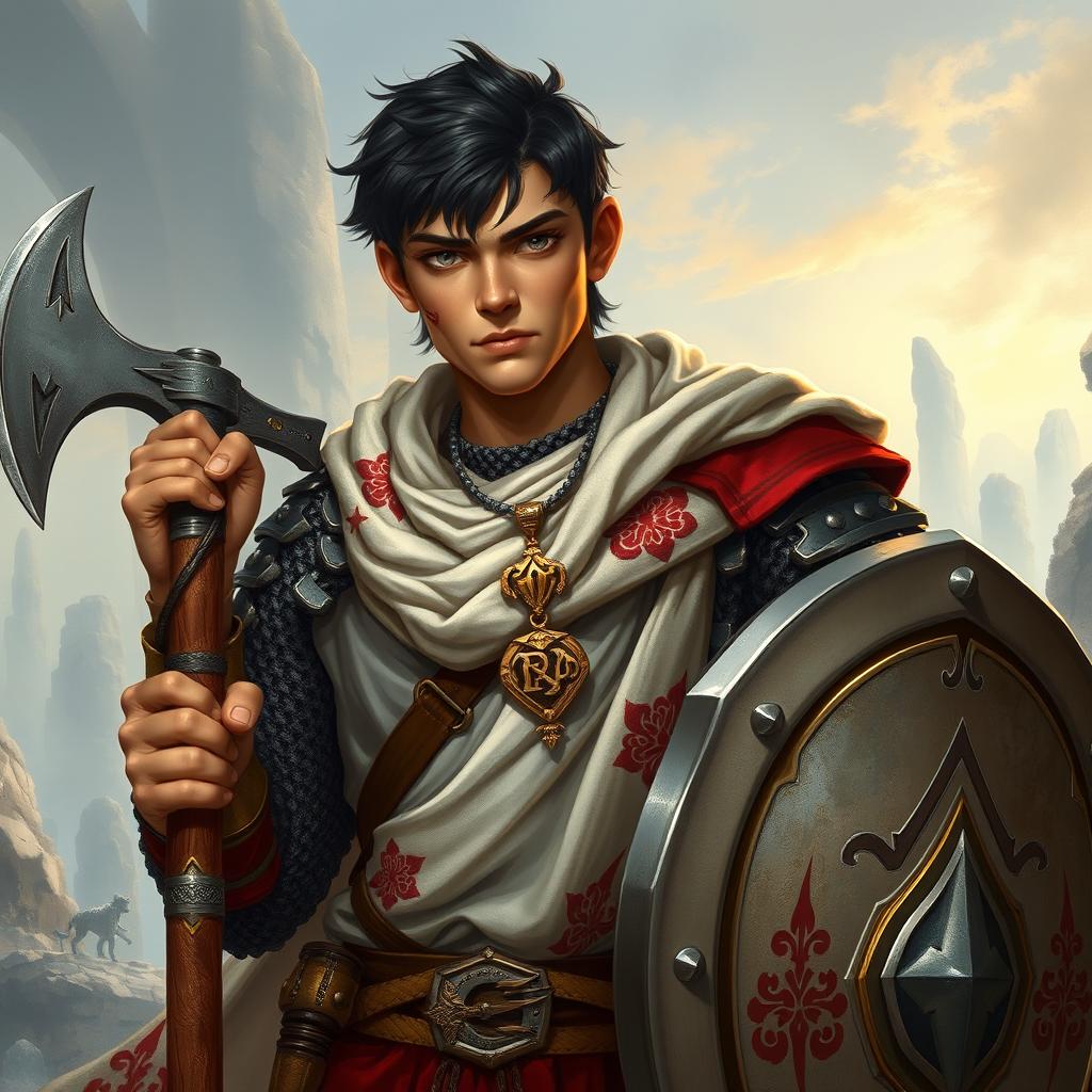 A young 20-year-old human paladin with olive skin, black hair, and black eyes