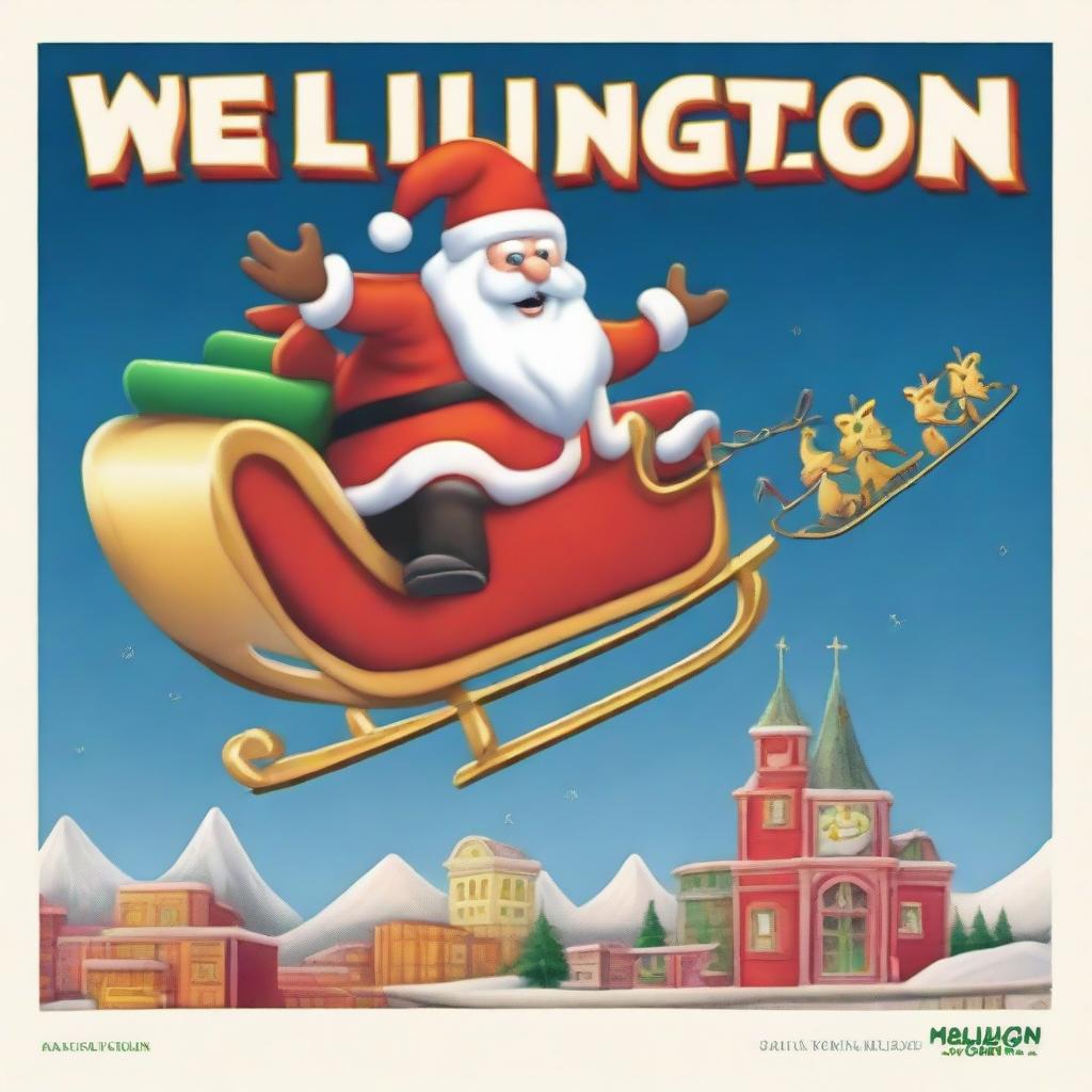 Santa Claus in his sleigh flying over a sign that distinctly reads 'Wellington', modeled after the Hollywood sign, with a large Santa hat on its top.