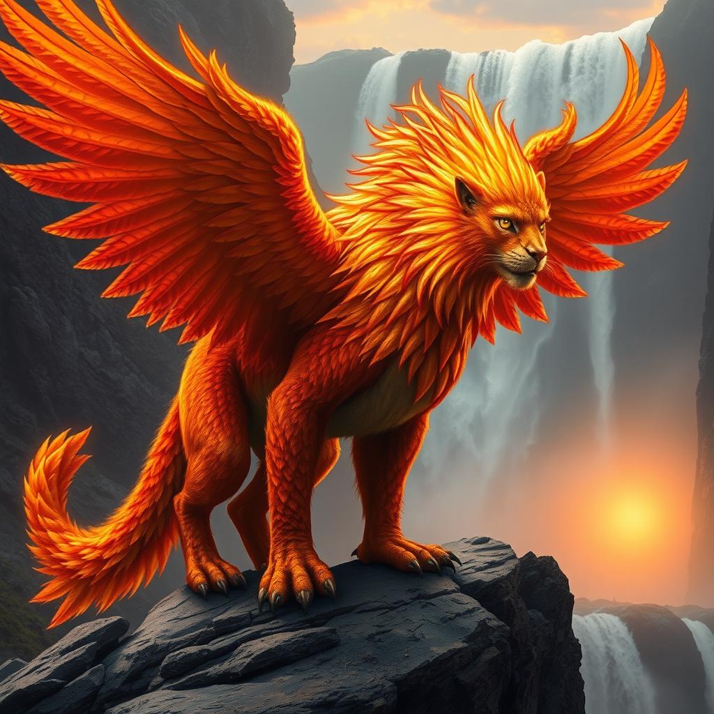 A majestic mythical creature that is a combination of a mountain lion and a phoenix