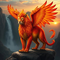 A majestic mythical creature that is a combination of a mountain lion and a phoenix