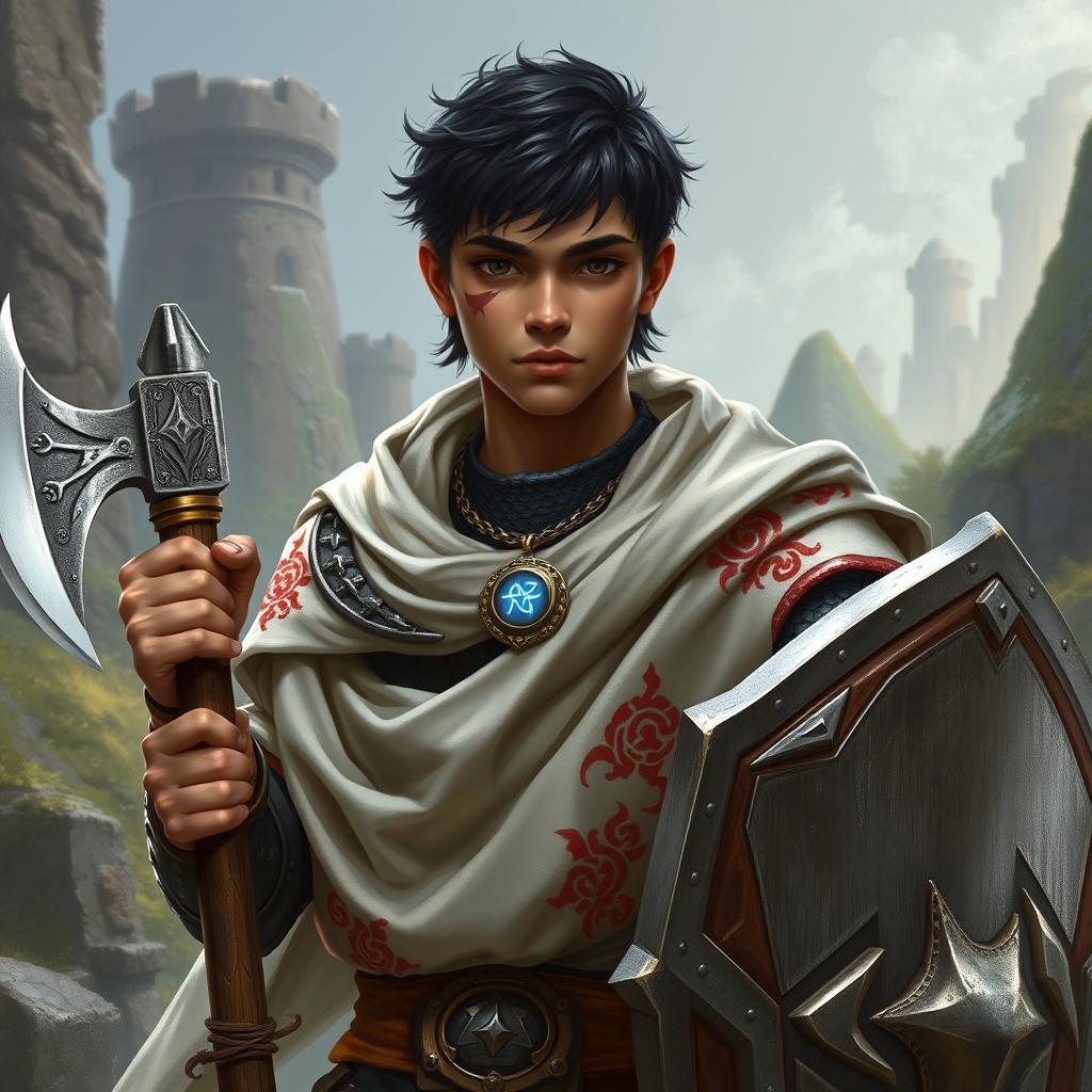 A young 20-year-old human paladin with olive skin, black hair, and black eyes