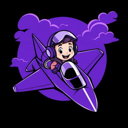 A young character resembling 'Pepe' as a pilot flying a fighter jet, designed in a vibrant vector style
