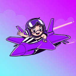 A young character resembling 'Pepe' as a pilot flying a fighter jet, designed in a vibrant vector style