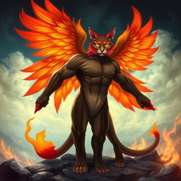 A muscular cat with a sleek, powerful body, combined with the wings and fiery plumage of a mythical phoenix
