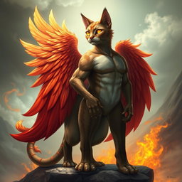 A muscular cat with a sleek, powerful body, combined with the wings and fiery plumage of a mythical phoenix