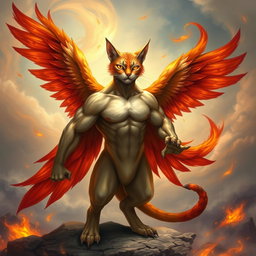 A muscular cat with a sleek, powerful body, combined with the wings and fiery plumage of a mythical phoenix
