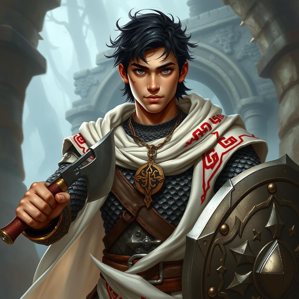 A young 20-year-old human paladin with olive skin, black hair, and black eyes