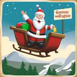 Santa Claus on his sleigh flying over a sign, distinctly reading 'Wellington', styled akin to the Hollywood sign, sporting a large Santa hat on top.