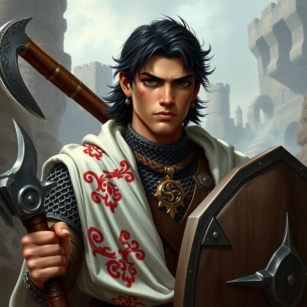 A young 20-year-old human paladin with olive skin, black hair, and dark eyes