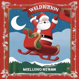 Santa Claus on his sleigh flying over a sign, distinctly reading 'Wellington', styled akin to the Hollywood sign, sporting a large Santa hat on top.