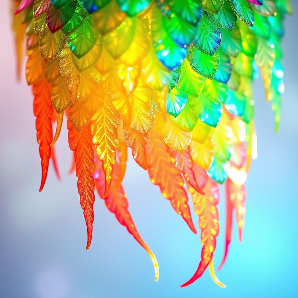 A vibrant and colorful depiction of bright scales cascading downwards, resembling a fantastical dragon or fish