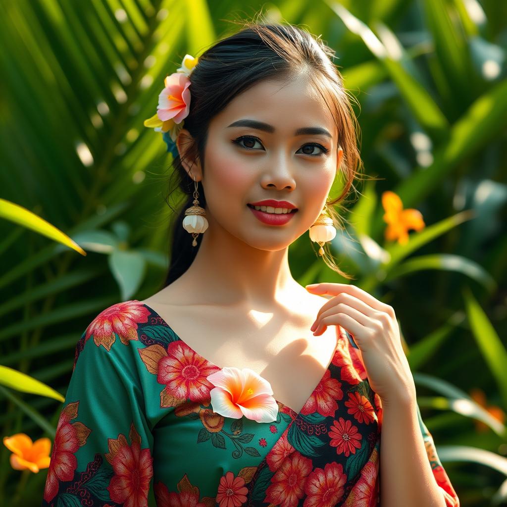 A high detailed and captivating full body portrait of a beautiful 19 years old Indonesian woman, showcasing her traditional attire intertwined with modern elements