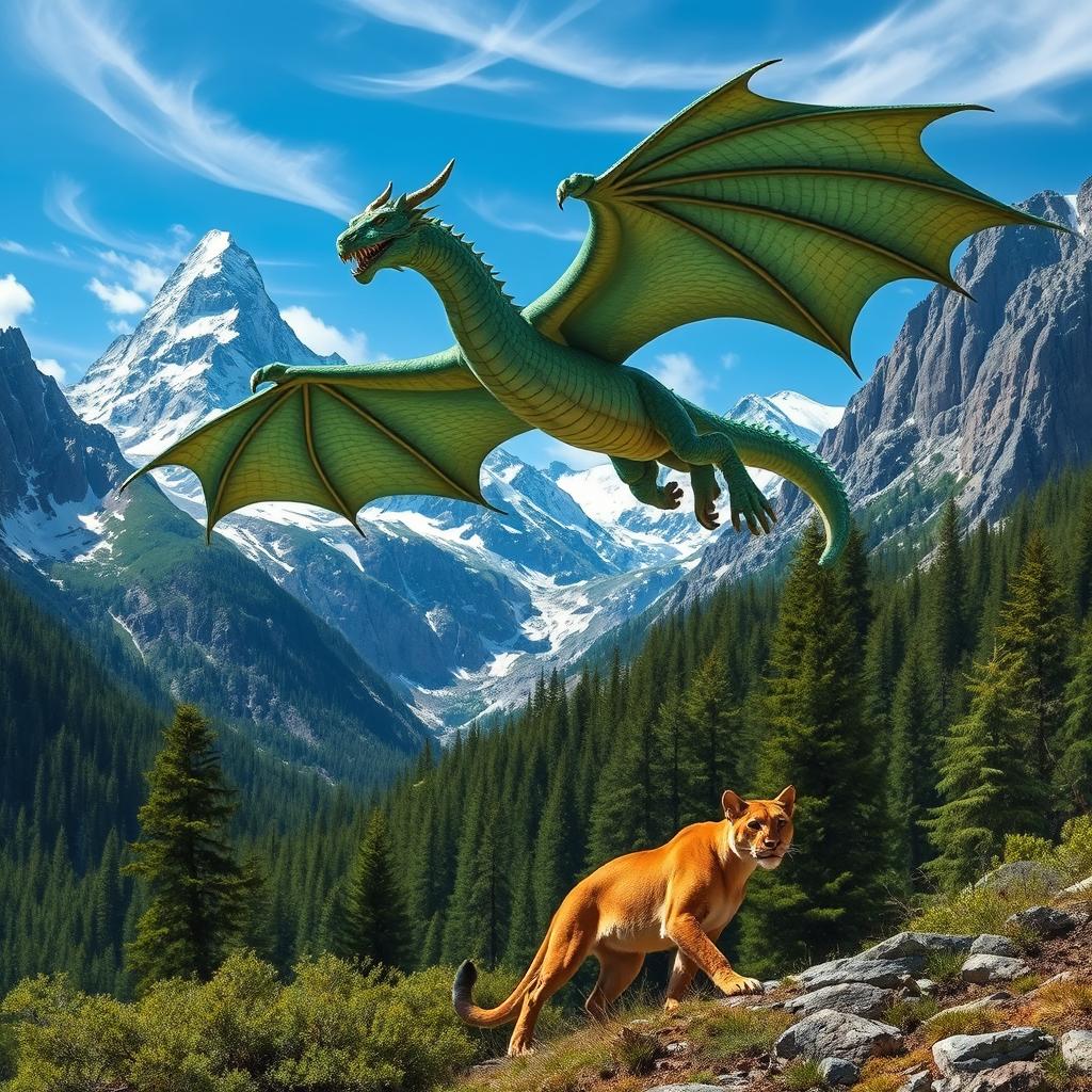 A majestic dragon soaring above a rugged mountain landscape, with peaks covered in snow and lush forests below