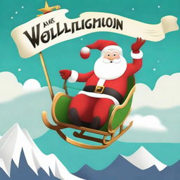 Santa Claus on his sleigh flying over a sign, distinctly reading 'Wellington', styled akin to the Hollywood sign, sporting a large Santa hat on top.