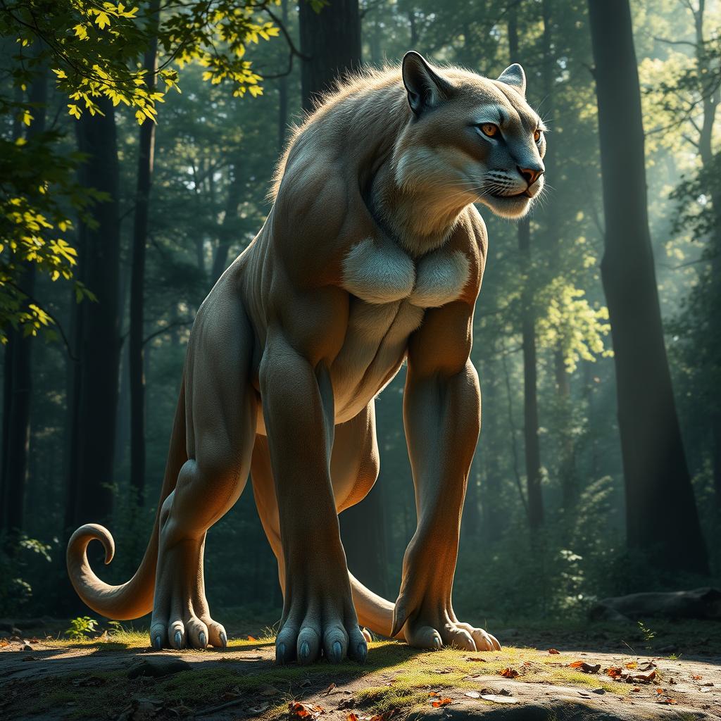 A surreal creature combining the body of an allegiant, featuring a muscular and powerful physique, with the head of a mountain lion, showcasing its fierce features and piercing eyes