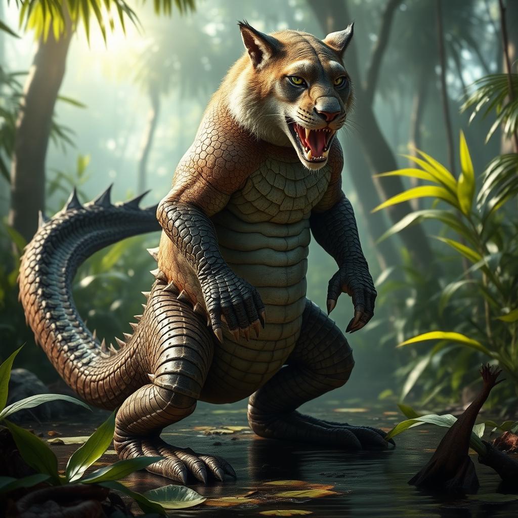 A fantastical creature featuring the body of an alligator, showcasing its powerful and scaled physique, accentuated by muscular limbs and a robust tail
