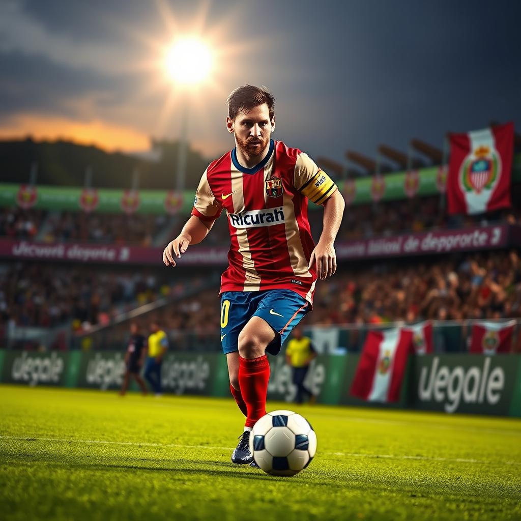 A digitally created image of Lionel Messi wearing the Universitario de Deportes jersey from Peru