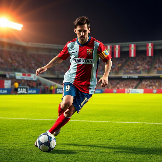 A digitally created image of Lionel Messi wearing the Universitario de Deportes jersey from Peru