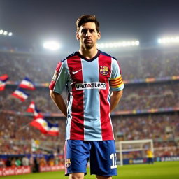 Lionel Messi wearing the Universitario de Deportes football uniform, standing proudly on the pitch