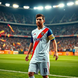 Lionel Messi wearing the Universitario de Deportes football uniform, standing proudly on the pitch