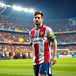 Lionel Messi wearing the Universitario de Deportes football uniform, standing proudly on the pitch
