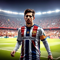 Lionel Messi wearing the Universitario de Deportes football uniform, standing proudly on the pitch