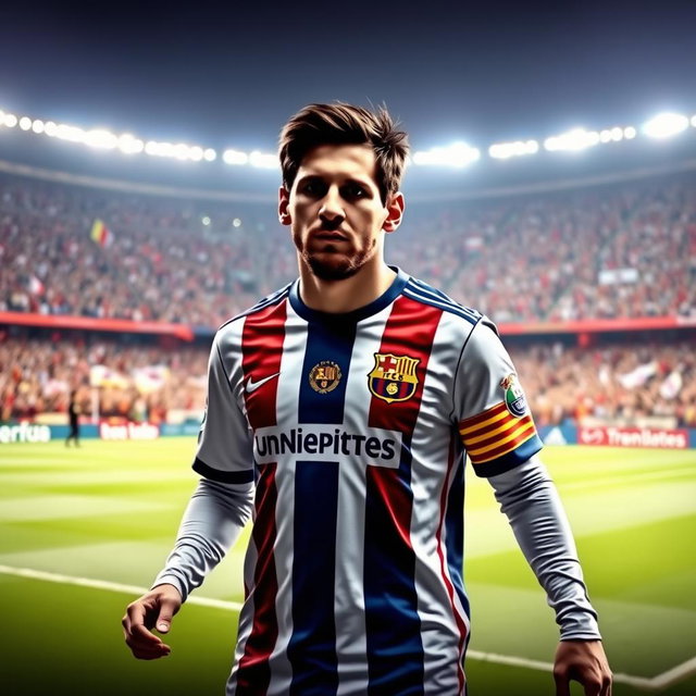 Lionel Messi wearing the Universitario de Deportes football uniform, standing proudly on the pitch