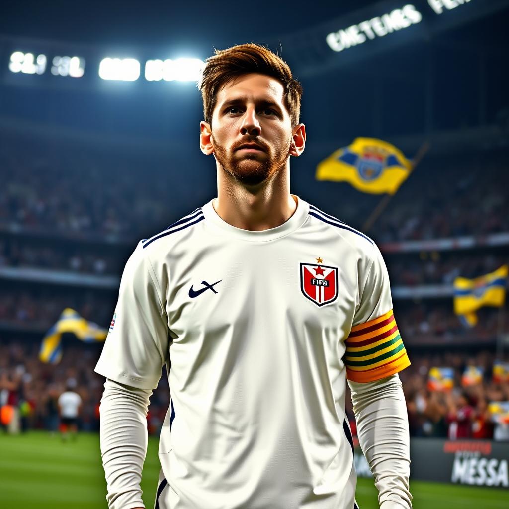 Lionel Messi wearing the crema (cream) jersey of the Universitario de Deportes football club, showcasing the team's emblem prominently on his chest