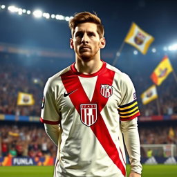 Lionel Messi wearing the crema (cream) jersey of the Universitario de Deportes football club, showcasing the team's emblem prominently on his chest
