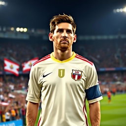 Lionel Messi wearing the crema (cream) jersey of the Universitario de Deportes football club, showcasing the team's emblem prominently on his chest