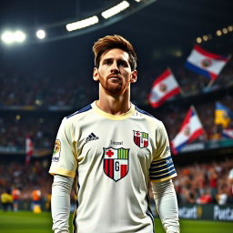 Lionel Messi wearing the crema (cream) jersey of the Universitario de Deportes football club, showcasing the team's emblem prominently on his chest