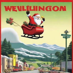 Santa Claus in his sleigh flying over a sign that distinctly says 'Wellington', modeled on the famous Hollywood sign, with a big Santa hat sitting atop it.