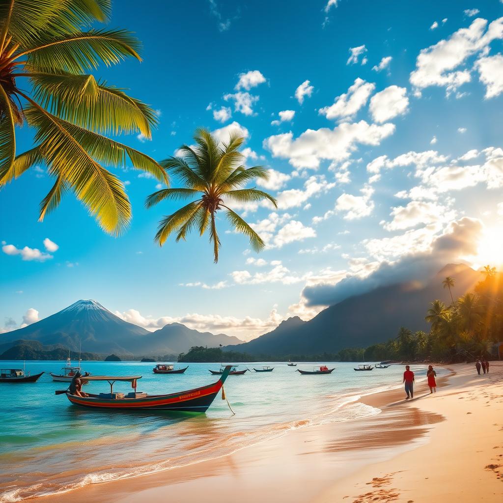 A vibrant Indonesian landscape showcasing a stunning beach with golden sand and crystal-clear turquoise waters