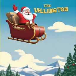 Santa Claus in his sleigh flying over a sign that distinctly says 'Wellington', modeled on the famous Hollywood sign, with a big Santa hat sitting atop it.