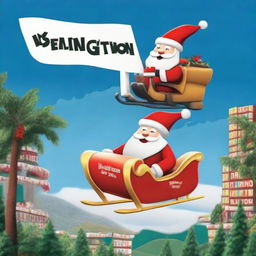 Santa Claus in his sleigh flying over a sign that distinctly says 'Wellington', modeled on the famous Hollywood sign, with a big Santa hat sitting atop it.