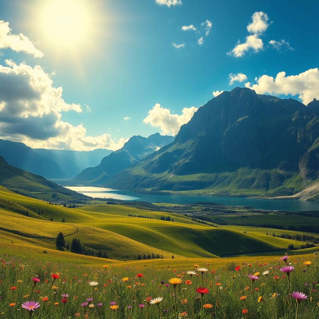 A vast, expansive landscape depicting a large and imposing mountain range that dominates the horizon