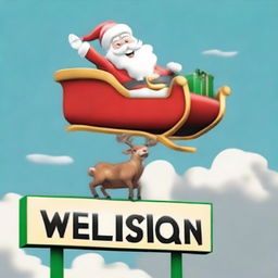 Santa Claus in his sleigh flying over a sign that clearly states 'Wellington', designed to resemble the Hollywood sign, with a sizeable Santa hat placed on top.