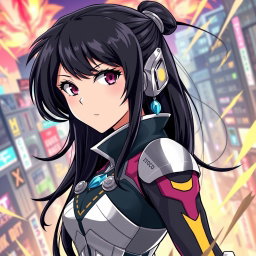 A female character inspired by My Hero Academia in anime art style, featuring long black hair cascading down her back, striking fair skin, and a confident expression