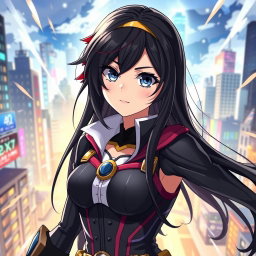 A female character inspired by My Hero Academia in anime art style, featuring long black hair cascading down her back, striking fair skin, and a confident expression