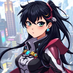A female character inspired by My Hero Academia in anime art style, featuring long black hair cascading down her back, striking fair skin, and a confident expression