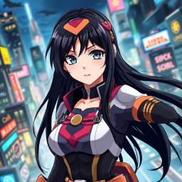 A female character inspired by My Hero Academia in anime art style, featuring long black hair cascading down her back, striking fair skin, and a confident expression