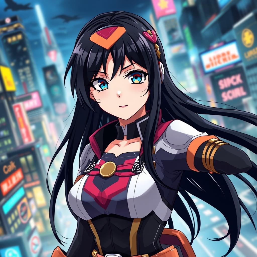 A female character inspired by My Hero Academia in anime art style, featuring long black hair cascading down her back, striking fair skin, and a confident expression