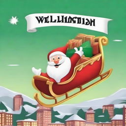 Santa Claus in his sleigh flying over a sign that clearly states 'Wellington', designed to resemble the Hollywood sign, with a sizeable Santa hat placed on top.