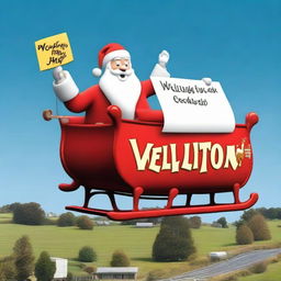 Santa Claus in his sleigh flying over a sign that clearly states 'Wellington', designed to resemble the Hollywood sign, with a sizeable Santa hat placed on top.