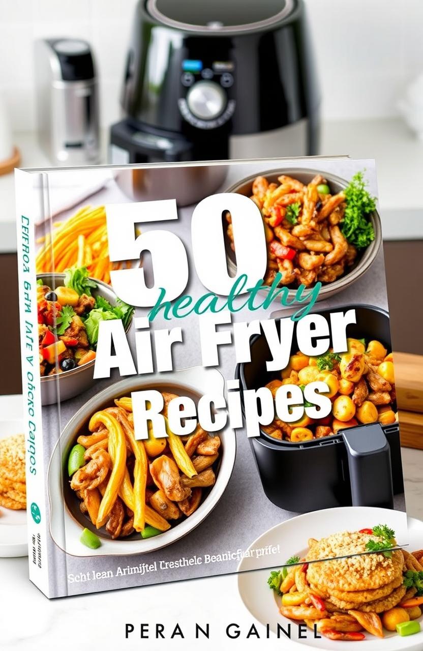A beautifully arranged cookbook cover featuring '50 Healthy Air Fryer Recipes'