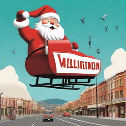 Santa Claus in his sleigh flying over a sign that clearly states 'Wellington', designed to resemble the Hollywood sign, with a sizeable Santa hat placed on top.